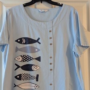 Light Blue Fish Print Button-Up Top